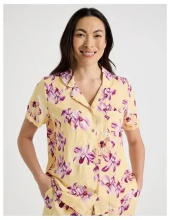 Soho Serene Woven Viscose Short Sleeve Long Pant Pyjama Set in Yellow Orchid Print