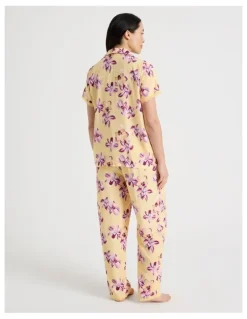 Soho Serene Woven Viscose Short Sleeve Long Pant Pyjama Set in Yellow Orchid Print