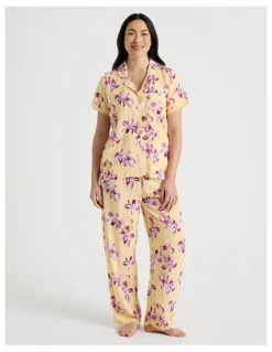 Soho Serene Woven Viscose Short Sleeve Long Pant Pyjama Set in Yellow Orchid Print