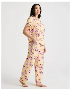 Soho Serene Woven Viscose Short Sleeve Long Pant Pyjama Set in Yellow Orchid Print
