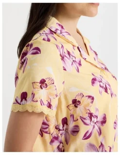 Soho Serene Woven Viscose Short Sleeve Long Pant Pyjama Set in Yellow Orchid Print