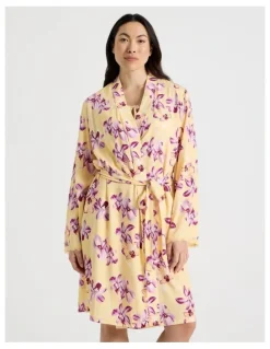 Soho Serene Woven Viscose Midi Robe in Yellow Orchid Print
