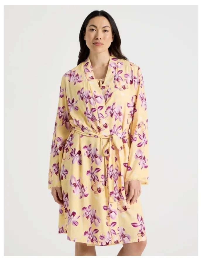 Soho Serene Woven Viscose Midi Robe in Yellow Orchid Print