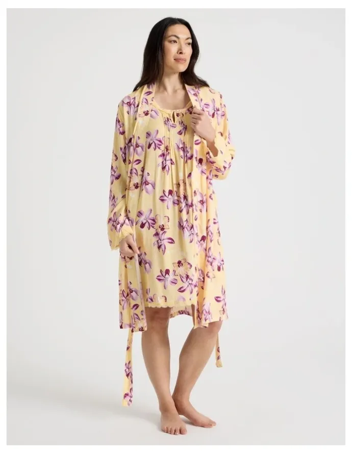 Soho Serene Woven Viscose Midi Robe in Yellow Orchid Print