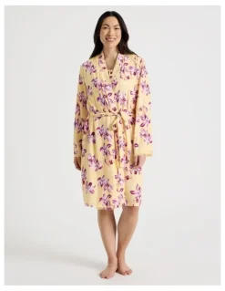 Soho Serene Woven Viscose Midi Robe in Yellow Orchid Print