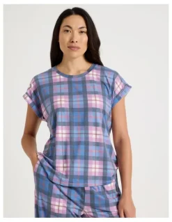 Soho Short Sleeve Long Pant Pyjama Set in Lilac Check Print