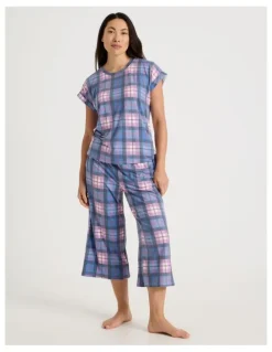 Soho Short Sleeve Long Pant Pyjama Set in Lilac Check Print