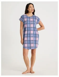 Soho Short Sleeve Nightie in Lilac Check Print