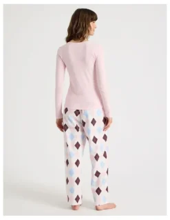Soho Soho Flannel Long Sleeve Knit Top & Flannelette Pants Pyjama Set in Pink Argyle Print
