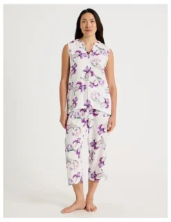 Soho Serene Woven Singlet & Long Pant Pyjama Set in Iris Floral Print