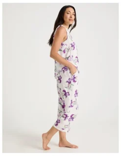 Soho Serene Woven Singlet & Long Pant Pyjama Set in Iris Floral Print