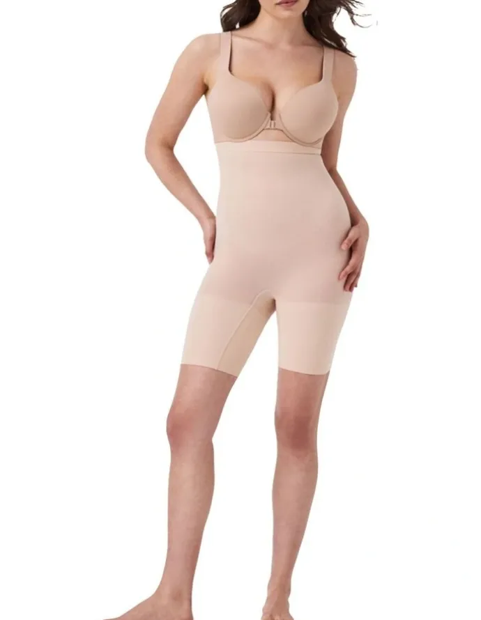 Spanx Scuplt Seamless Power High-waisted Mid-thigh Short In Beige