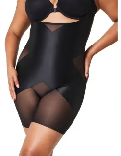 Spanx Shape Satin X-Open Bust Mid Thigh Bodysuit in Very Black