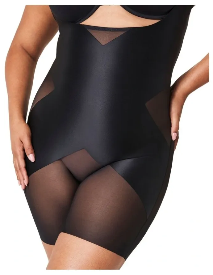 Spanx Shape Satin X-Open Bust Mid Thigh Bodysuit in Very Black