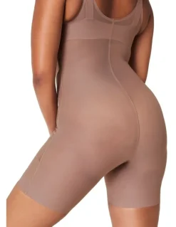 Spanx Shape Satin X-Open Bust Mid Thigh Bodysuit in Cafe Au Lait