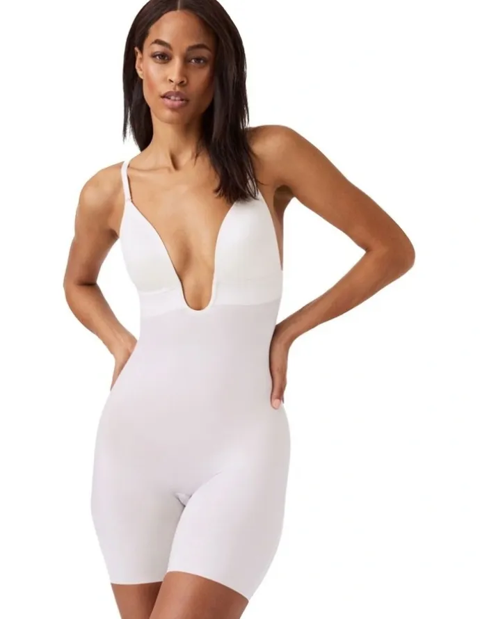 Spanx Shape™ Suit Your Fancy Plunge Low-back Mid-thigh Bodysuit in Cream