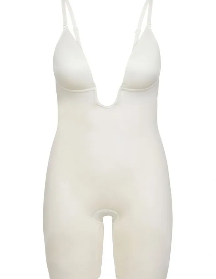 Spanx Shape™ Suit Your Fancy Plunge Low-back Mid-thigh Bodysuit in Cream