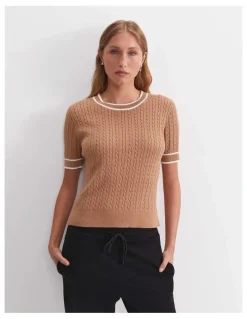 Sportscraft Elka Cable Short Sleeve Knit Jumper in Beige