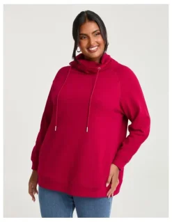 Taking Shape Drawstring Collar Sweat Top in Ruby Red