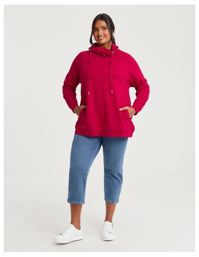 Taking Shape Drawstring Collar Sweat Top in Ruby Red