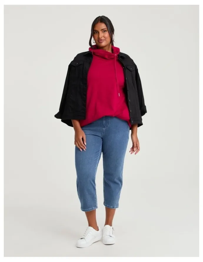 Taking Shape Drawstring Collar Sweat Top in Ruby Red