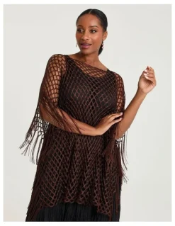 Taking Shape Dressy Crochet Poncho Brown