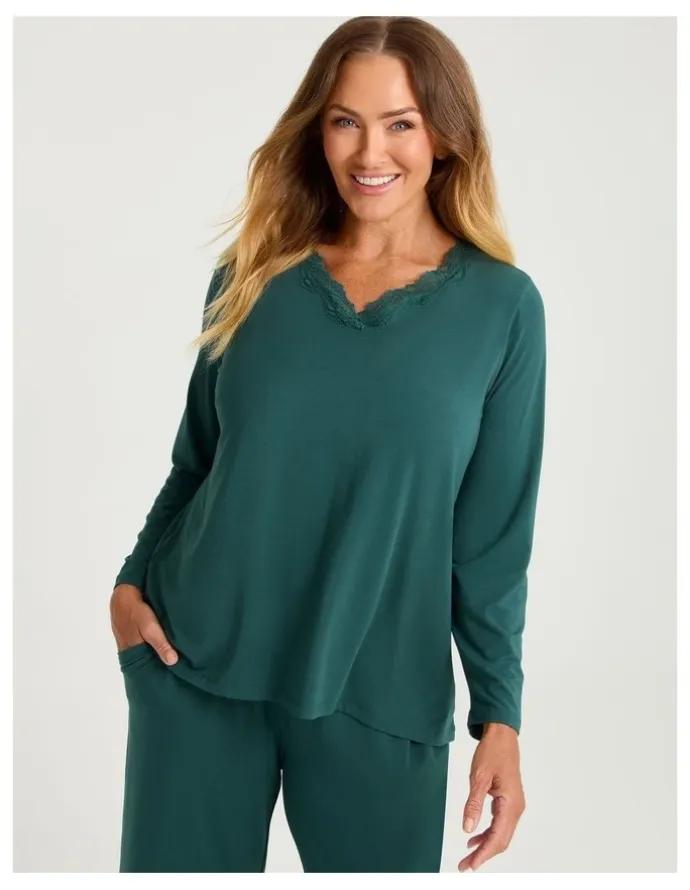 Taking Shape Modal Lace Trim Pyjama Top Deep Ivy
