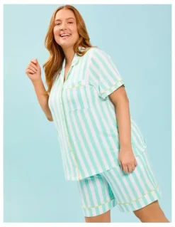 Taking Shape Modal Stripe Button Pyjama Top Dusty in Aqua/white