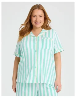 Taking Shape Modal Stripe Button Pyjama Top Dusty in Aqua/white