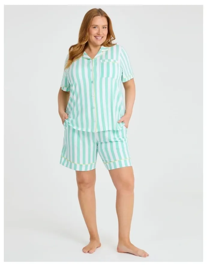 Taking Shape Modal Stripe Button Pyjama Top Dusty in Aqua/white