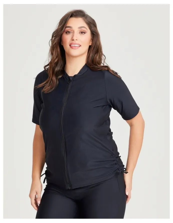 Taking Shape Ruched Detail Zip Rash Vest in Black