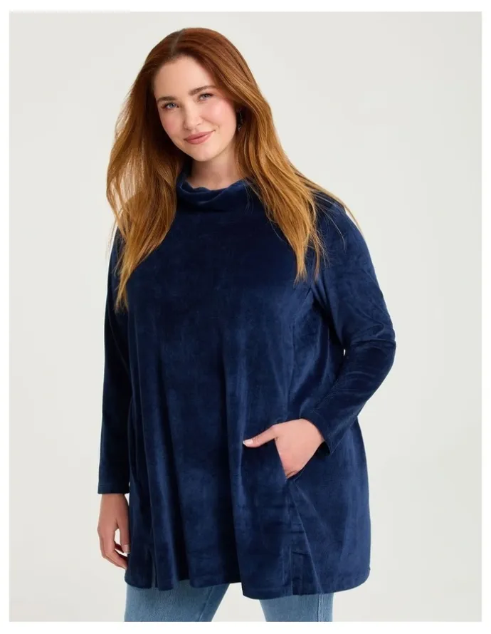 Taking Shape Velour Cowl Neck Tunic Ink Navy