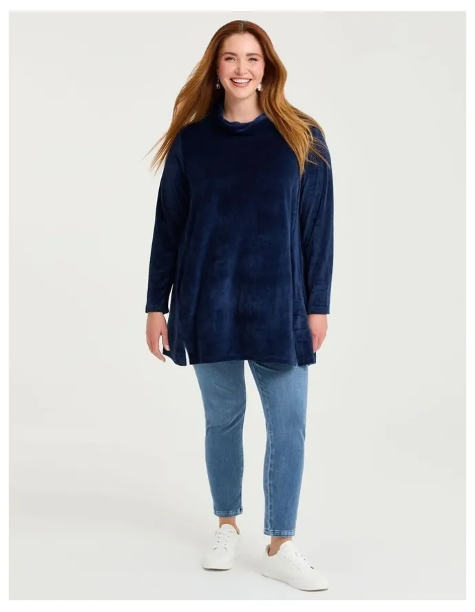 Taking Shape Velour Cowl Neck Tunic Ink Navy