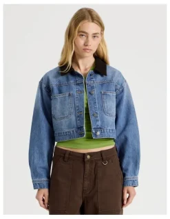 There After Cropped Denim Jacket in Mid Blue