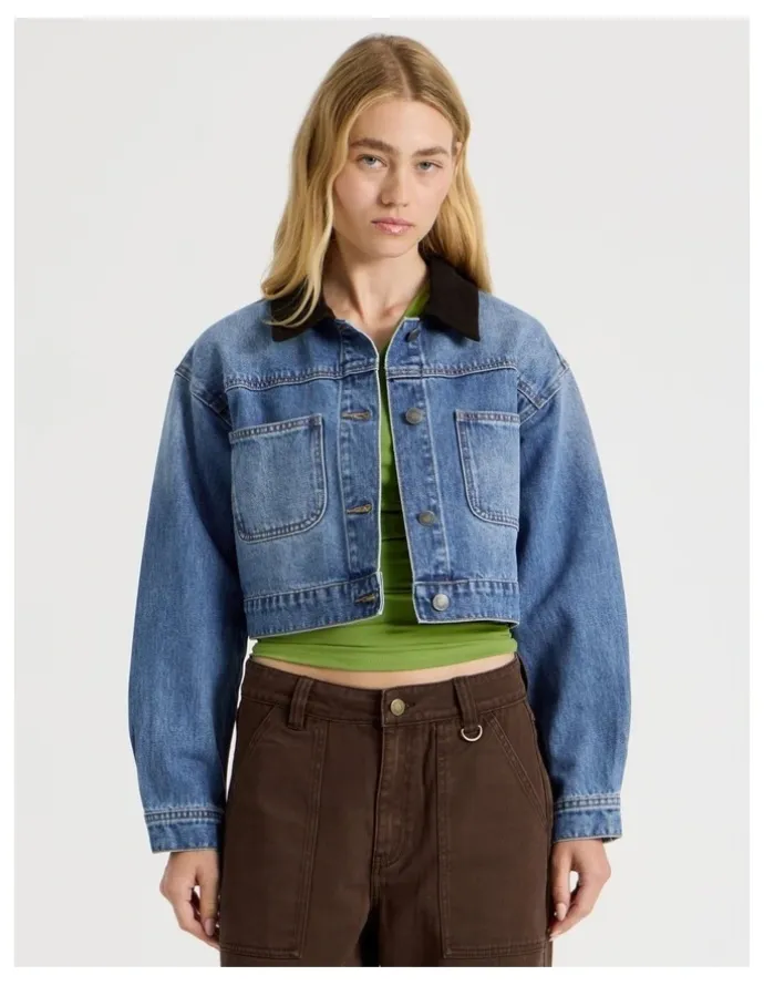 There After Cropped Denim Jacket in Mid Blue