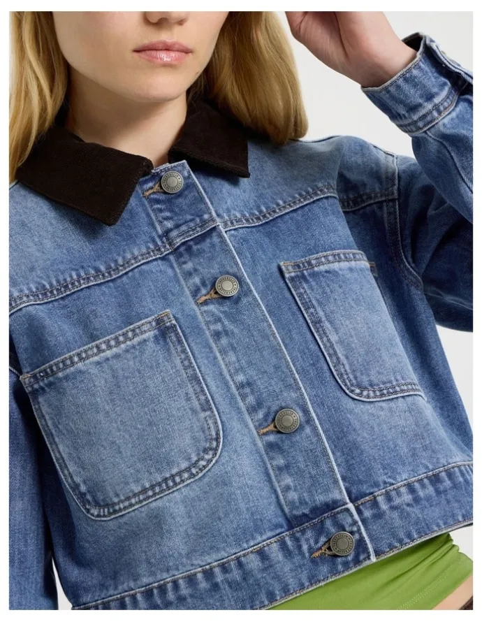 There After Cropped Denim Jacket in Mid Blue