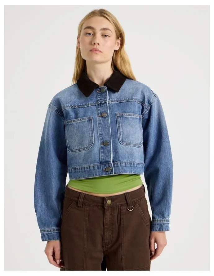 There After Cropped Denim Jacket in Mid Blue