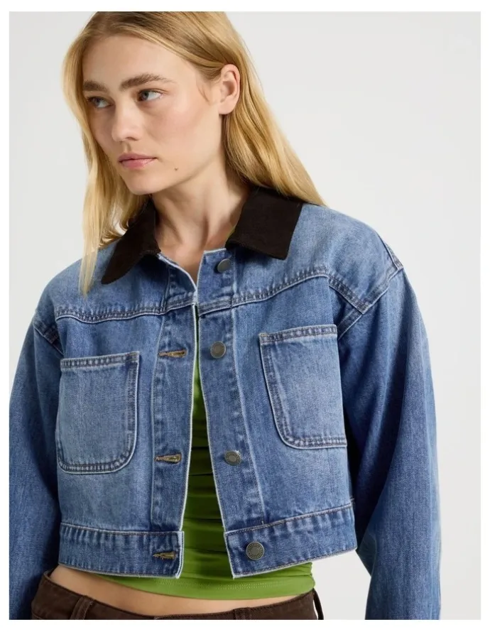 There After Cropped Denim Jacket in Mid Blue