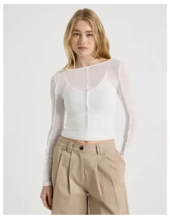 There After Double Layer Sheer Long Sleeve Tee in Snow White