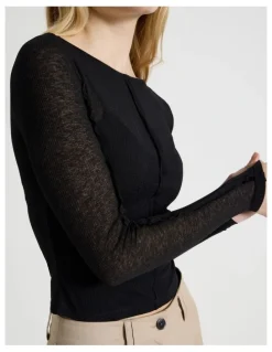 There After Double Layer Sheer Long Sleeve Tee in Jet Black