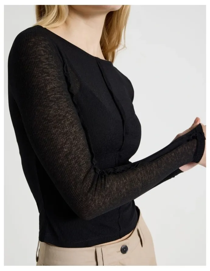 There After Double Layer Sheer Long Sleeve Tee in Jet Black