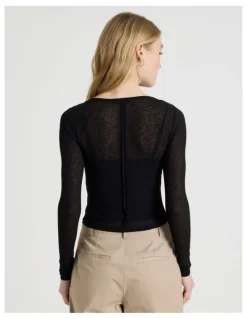 There After Double Layer Sheer Long Sleeve Tee in Jet Black