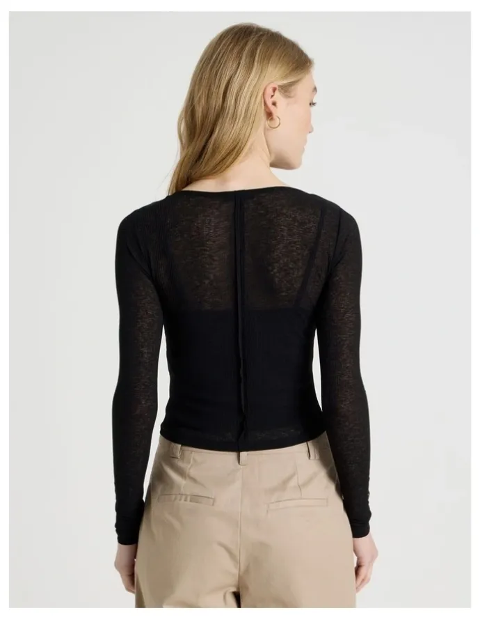 There After Double Layer Sheer Long Sleeve Tee in Jet Black