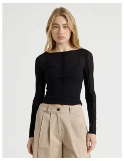 There After Double Layer Sheer Long Sleeve Tee in Jet Black