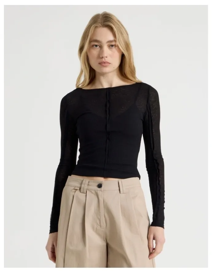 There After Double Layer Sheer Long Sleeve Tee in Jet Black
