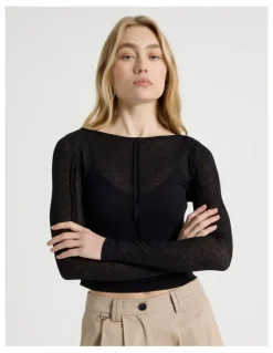 There After Double Layer Sheer Long Sleeve Tee in Jet Black