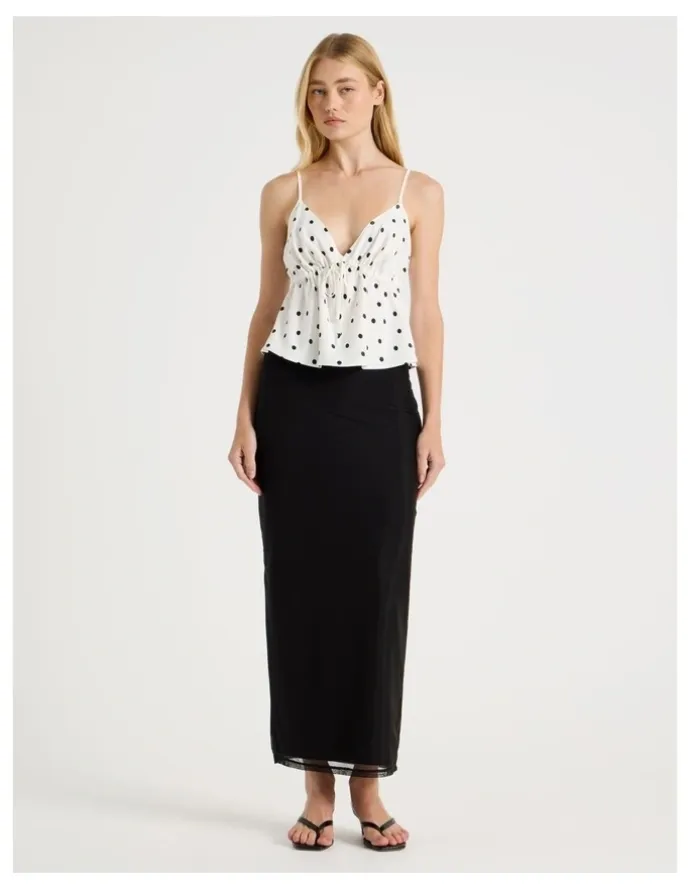 There After Drawstring Cami in White/Black Polka Dot