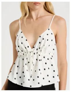 There After Drawstring Cami in White/Black Polka Dot