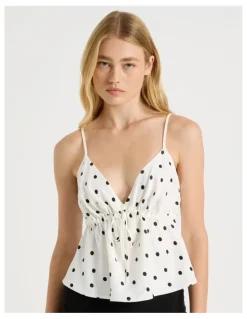 There After Drawstring Cami in White/Black Polka Dot