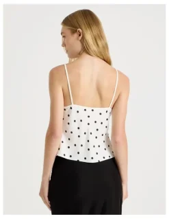 There After Drawstring Cami in White/Black Polka Dot